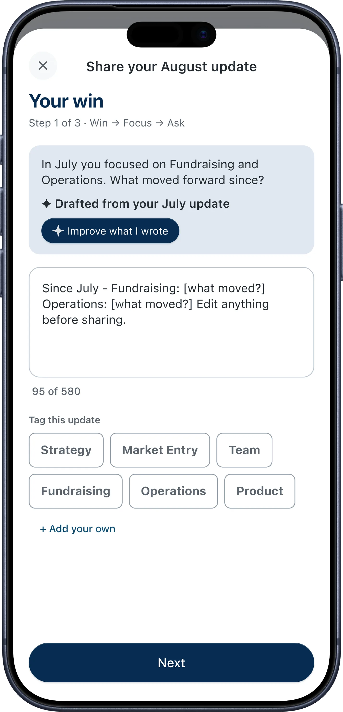 CEO XB monthly business update screen with an AI-drafted scaffold from July’s update and an Improve what I wrote button